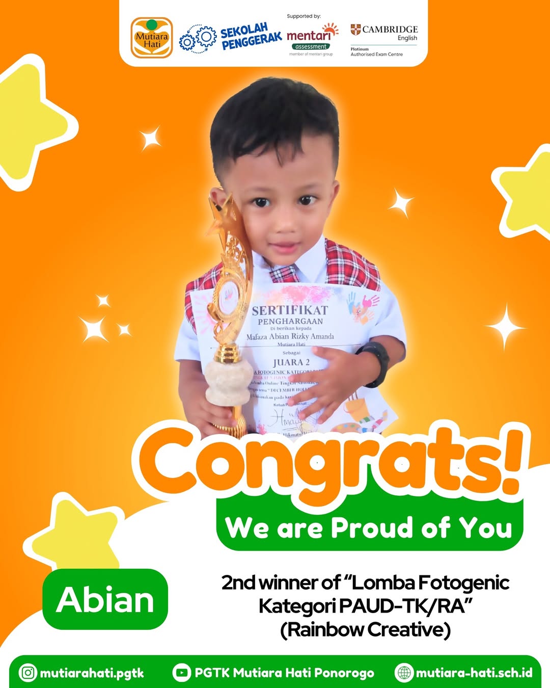 Abian 2nd winner of Lomba Fotogenic Kategori PAUD-TKRA (Rainbow Creative)