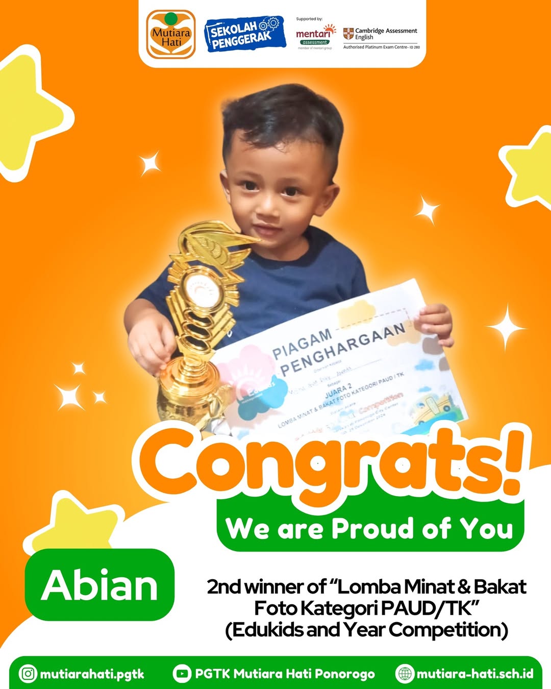 Abian 2nd winner of Lomba Minat & Bakat Foto Kategori PAUDTK Edukids and Year Competition