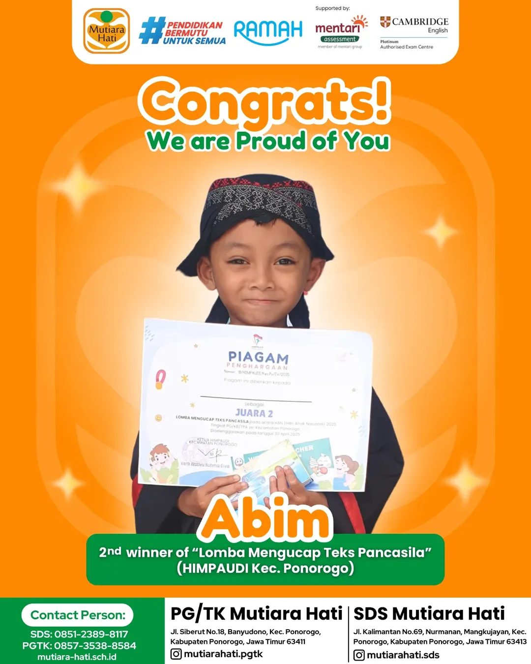 Congratulation ABIM 2nd Winner of Lomba Mengucap Teks Pancasila (HIMPAUDI Kecamatan Ponorogo)