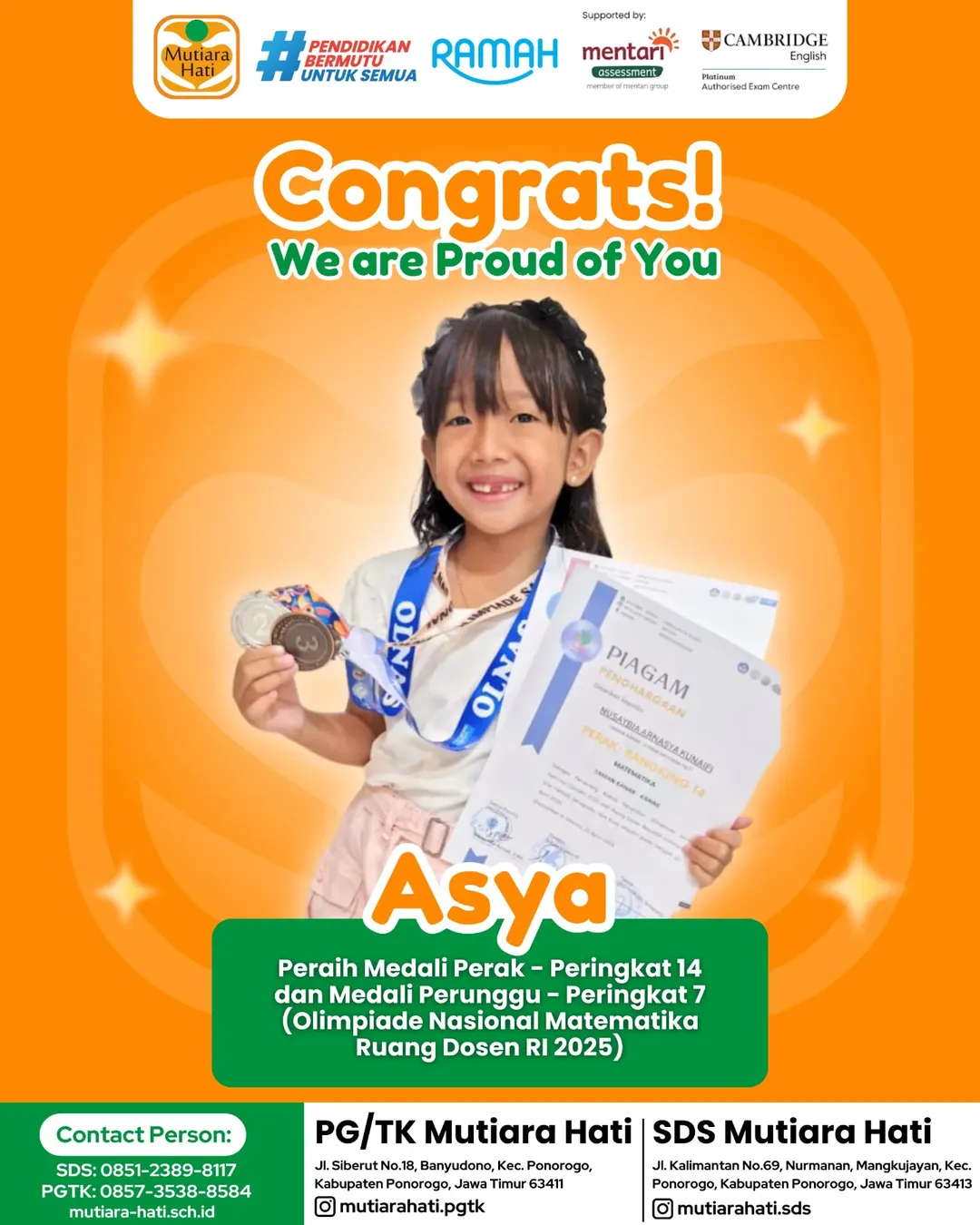 Congratulation ASYA Peraih Medali Perak - Peringkat 14 & Medali Perunggu - Peringkat 7 (Olimpiade Nasional Matematika Ruang Dosen RI 2025)