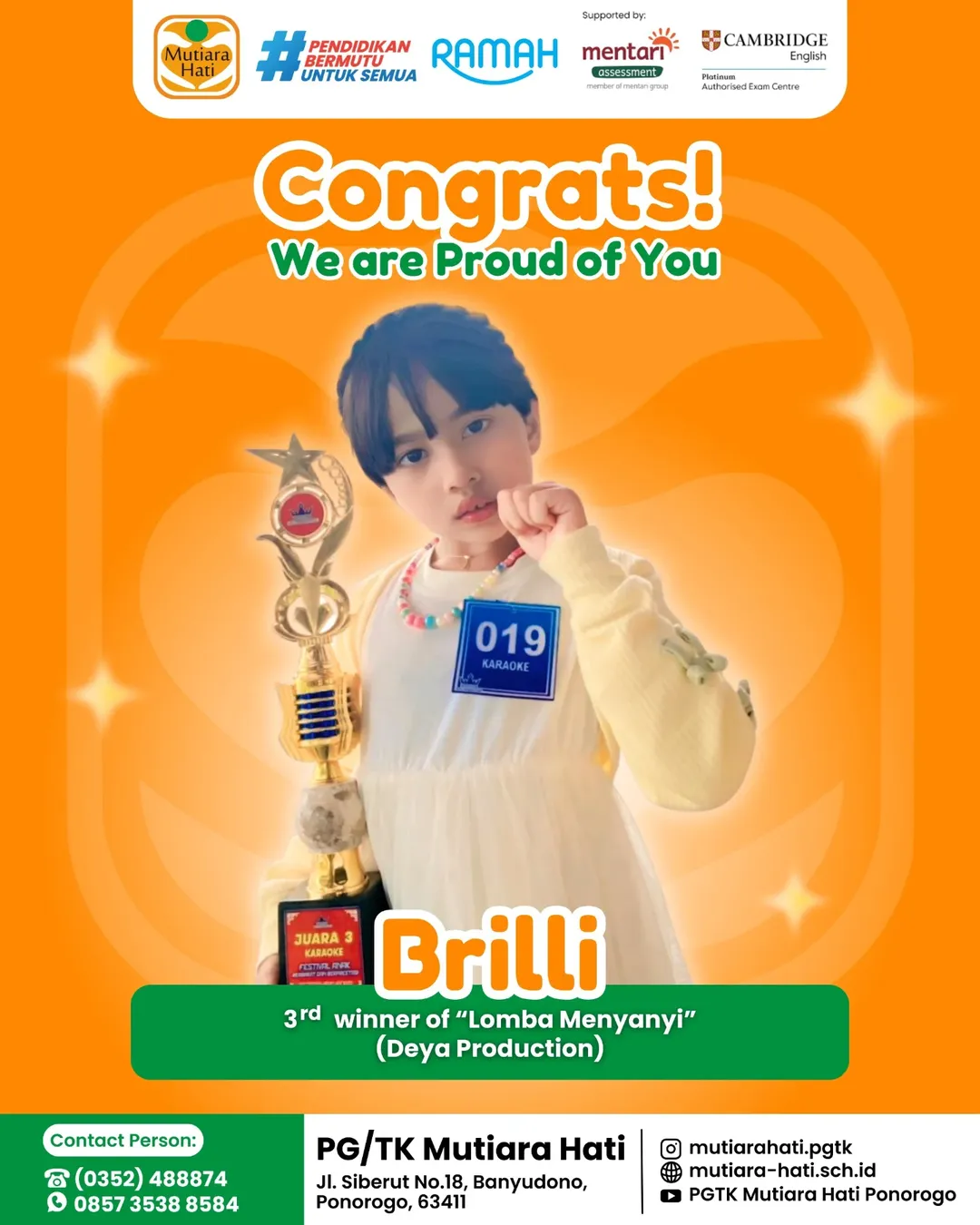 Congratulation BRILLI Peraih 3rd Winner of Lomba Menyanyi (Deya Production)