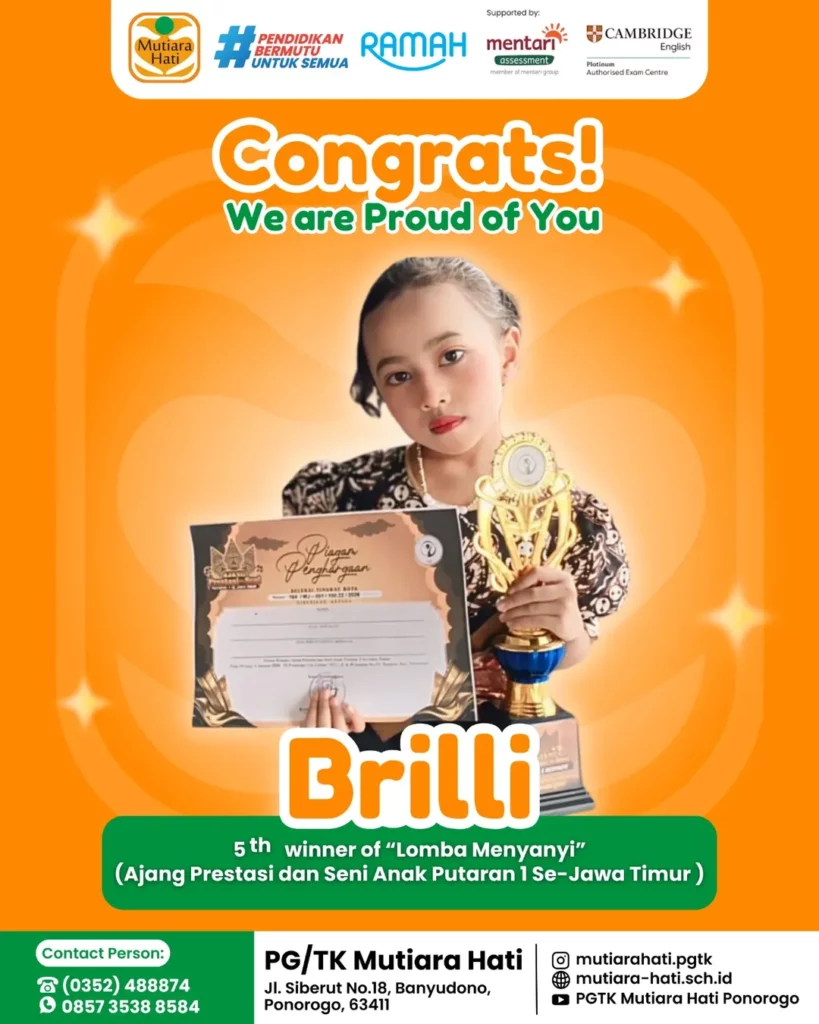 Congratulation BRILLI Peraih 5th Winner of Lomba Menyanyi Ajang Prestasi Seni Anak Putaran 1 Jawa Timur