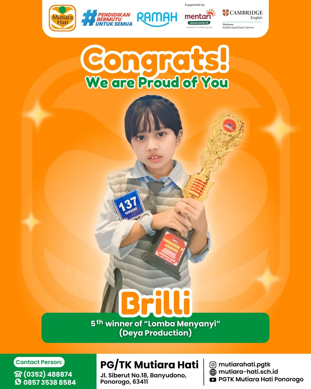 Congratulation BRILLI Peraih 5th Winner of Lomba Menyanyi (Deya PRODUCTION)