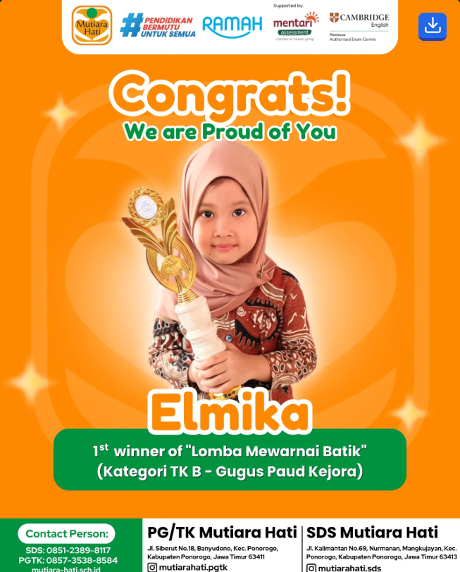 Congratulation ELMIKA 1st Winner of Lomba Mewarnai Batik (kategori TK B- GUGUS PAUD KEJORA)