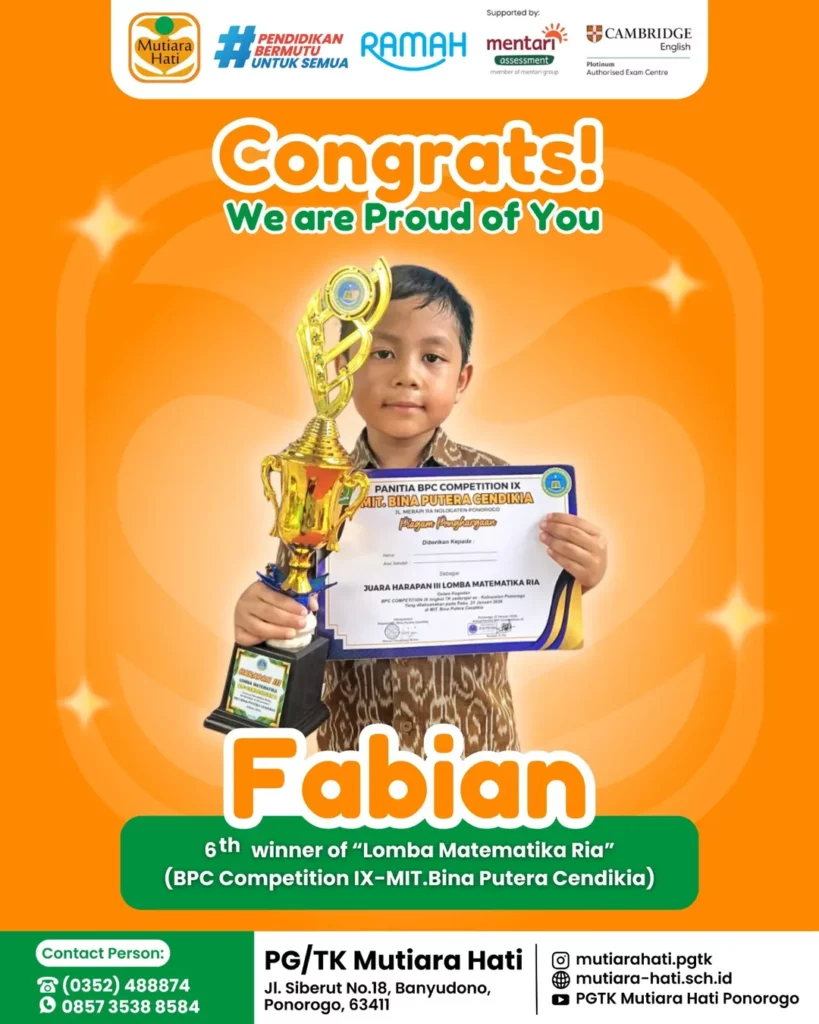 Congratulation FABIAN 6th Winner of Lomba Matematika Ria (BPC Competition IX-MIT Bina Putera Cendekia)