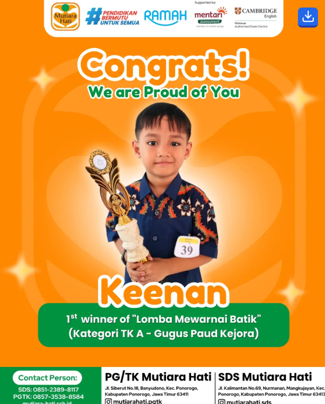 Congratulation KEENAN 1st Winner of Lomba Mewarnai Batik (kategori TK A- GUGUS PAUD KEJORA)