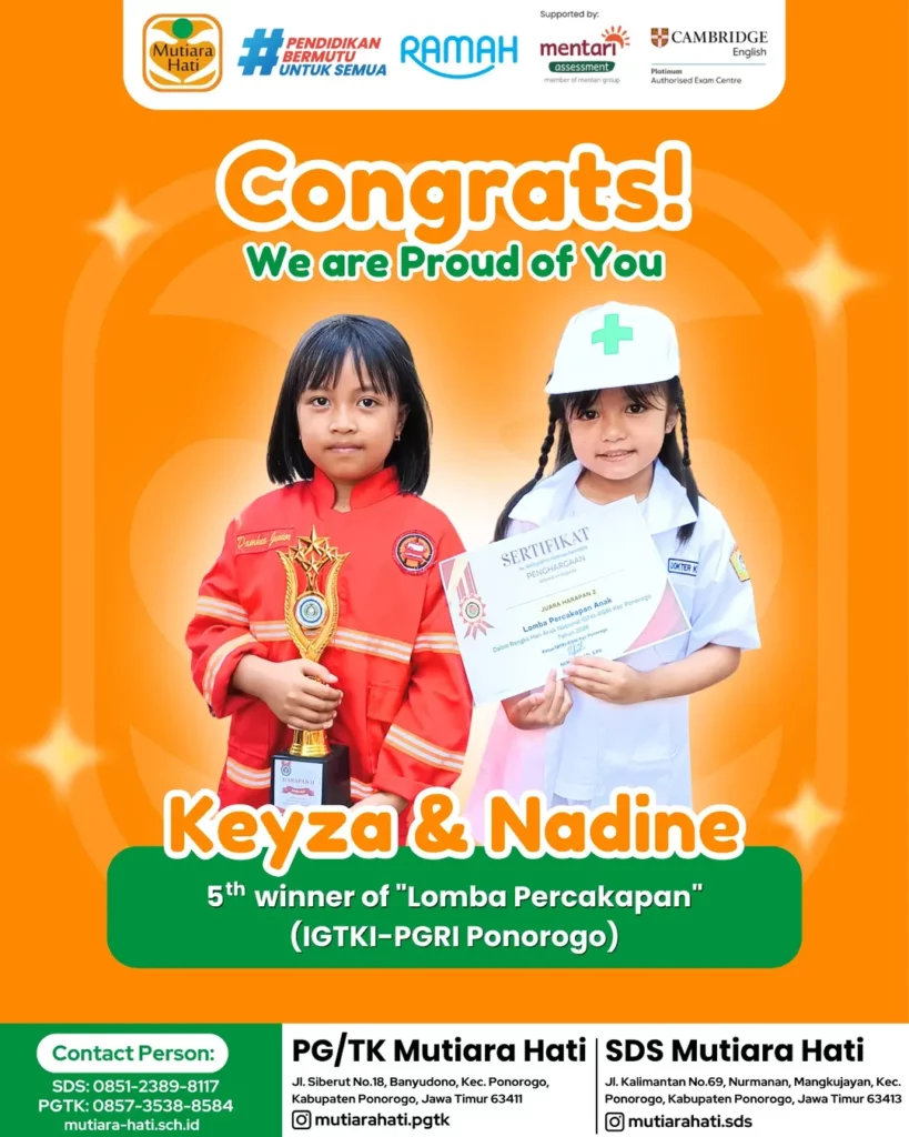 Congratulation KEYZA & NADIN 5th Winner of Lomba Percakapan (IGTKI-PGRI ponorogo)