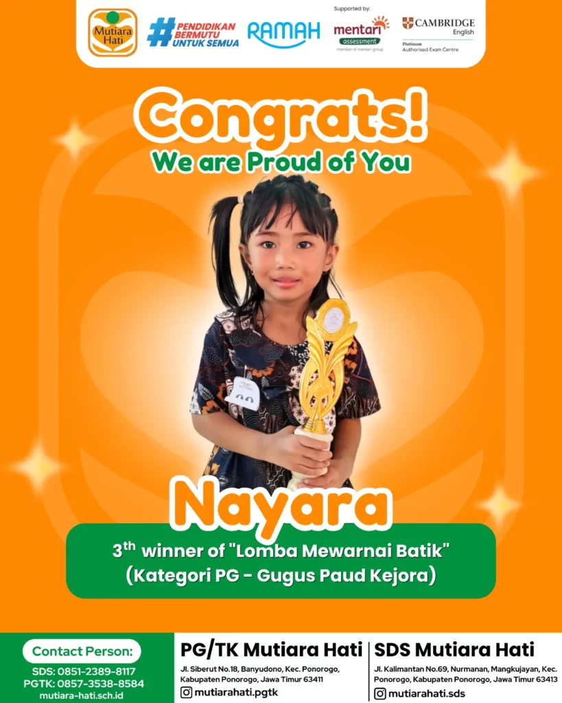 Congratulation NAYARA 3rd Winner of Lomba Mewarnai Batik (kategori PG - GUGUS PAUD KEJORA)