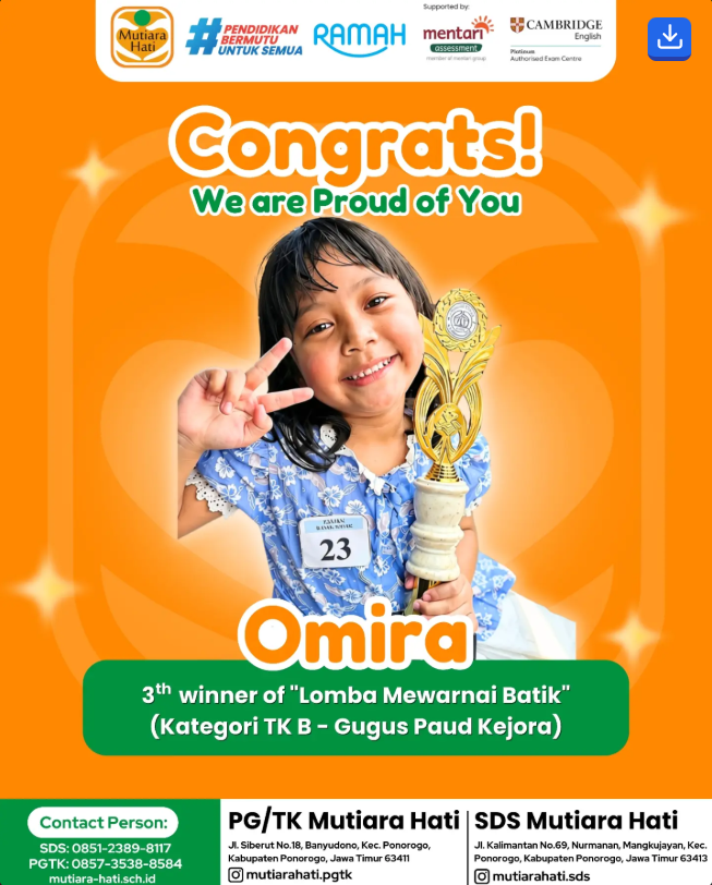 Congratulation OMIRA 3th Winner of Lomba Mewarnai Batik (kategori TK B- GUGUS PAUD KEJORA)