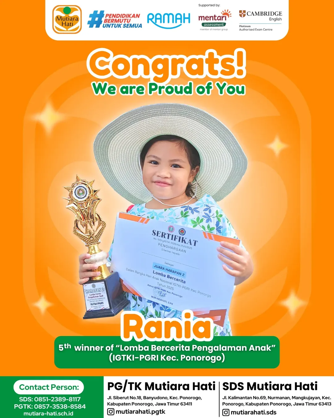 Congratulation RANIA 5th Winner of Lomba Bercerita Pengalaman Anak (IGTKI-PGRI Kecamatan Ponorogo)
