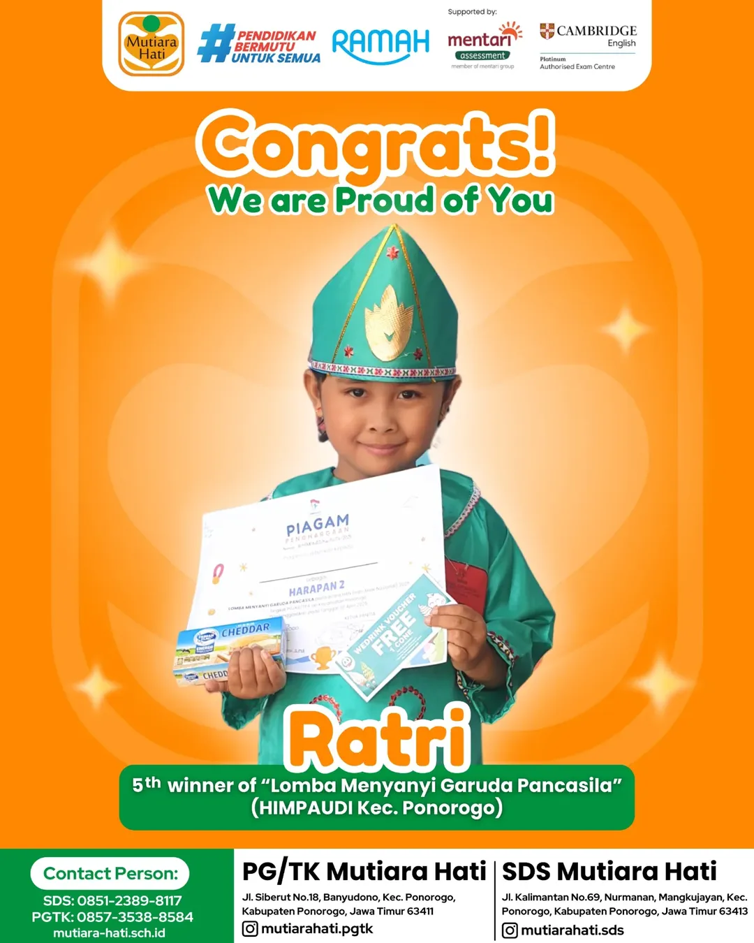 Congratulation RATRI 5th Winner of Lomba Menyanyi Garuda Pancasila (HIMPAUDI Kecamatan Ponorogo)