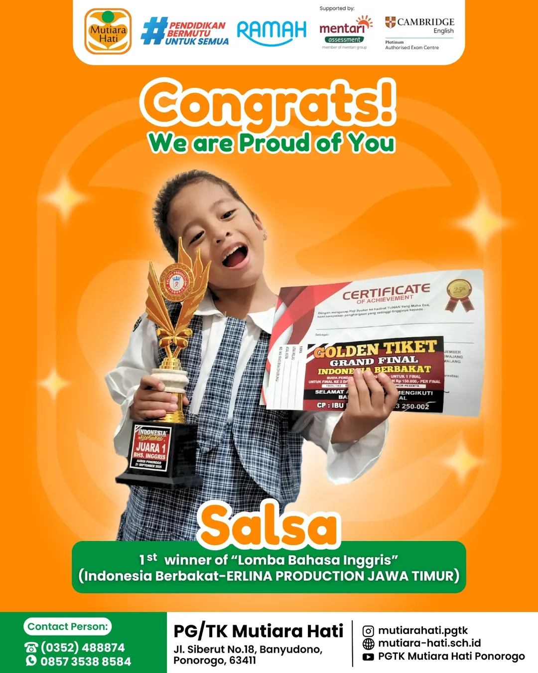 Congratulation SALSA Peraih 3rd 1st Winner of Lomba Bahasa Inggris (Indonesia Berbakat-ERLINA PRODUCTION JAWA TIMUR)