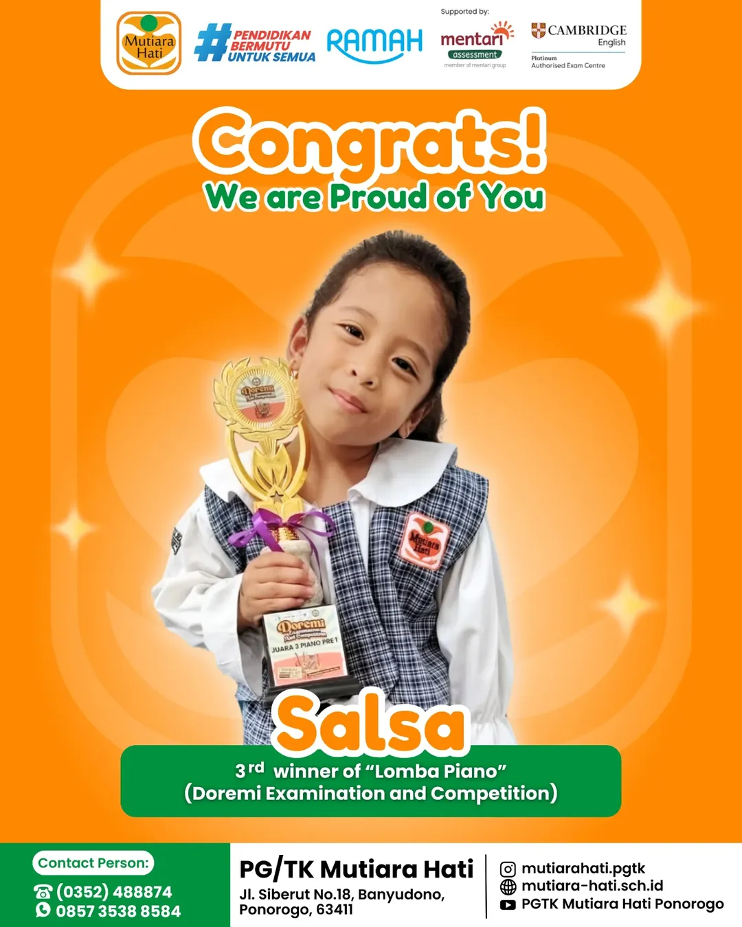 Congratulation SALSA Peraih 3rd Winner of Lomba Piano (Doremi Examination and Competition)