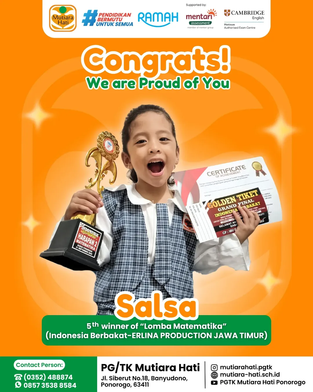 Congratulation SALSA Peraih 5th Winner of Lomba Matematika (Indonesia Berbakat-ERLINA PRODUCTION JAWA TIMUR)