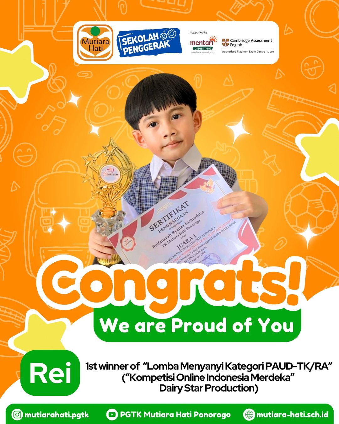 Congratulation 🎉🎉🎉 Rei 1st Winner Lomba Menyanyi Kategori PAUD-KRA