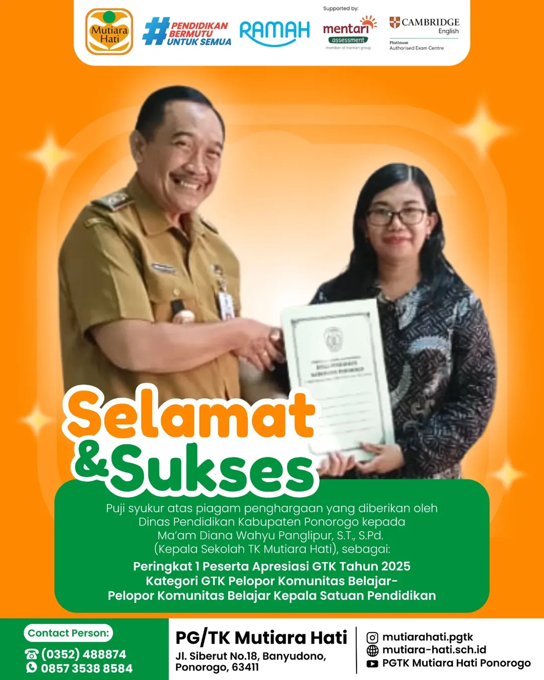 Selamat & Sukses Diana Wahyu Panglipur S.T., S.Pd., Peringkat 1 Peserta Apresiasi GTK 2025 Kategori GTK Pelopor Komunitas Belajar